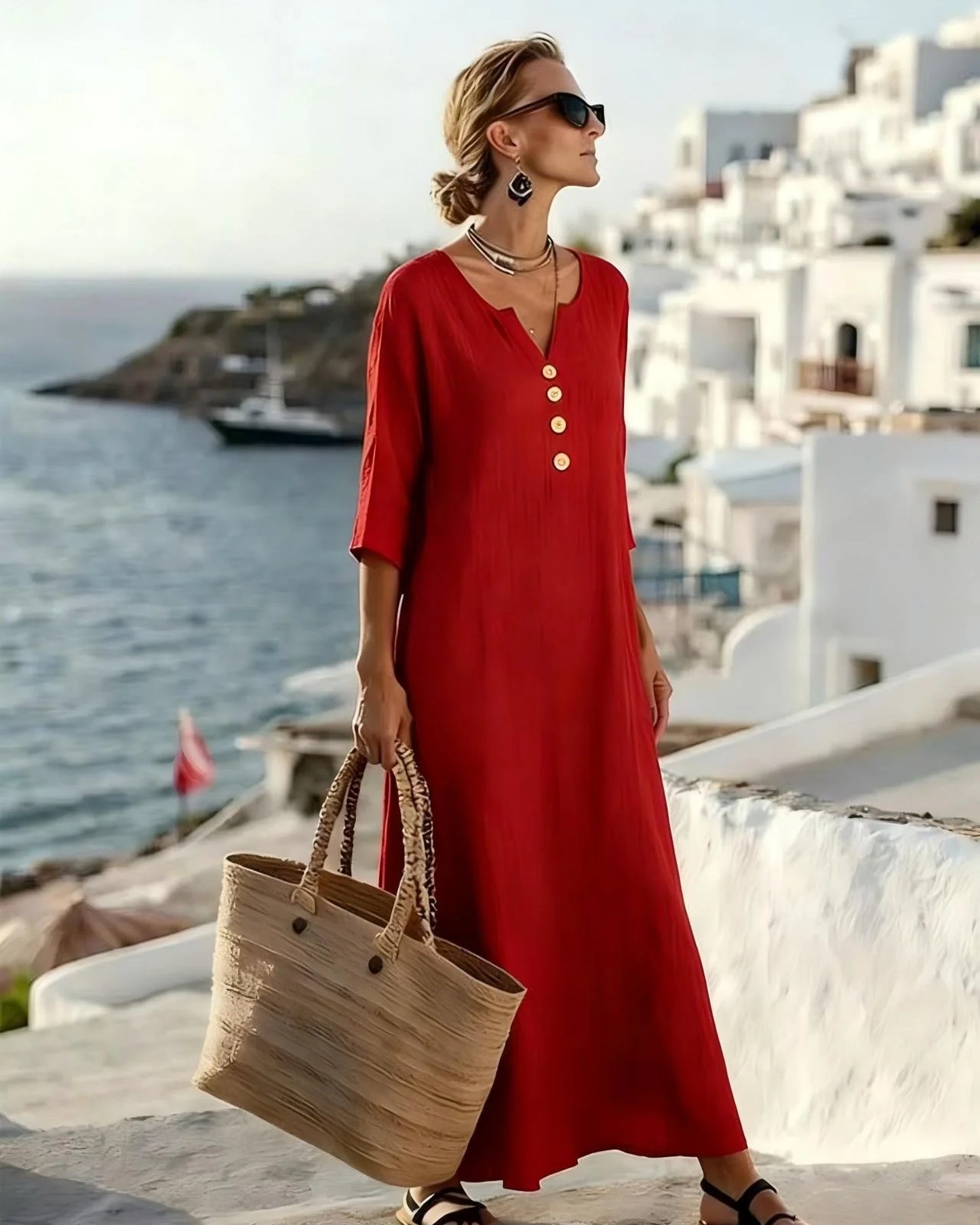 Priscille Dames Midi Jurk | V-Hals met Knopen | Driekwart Mouwen