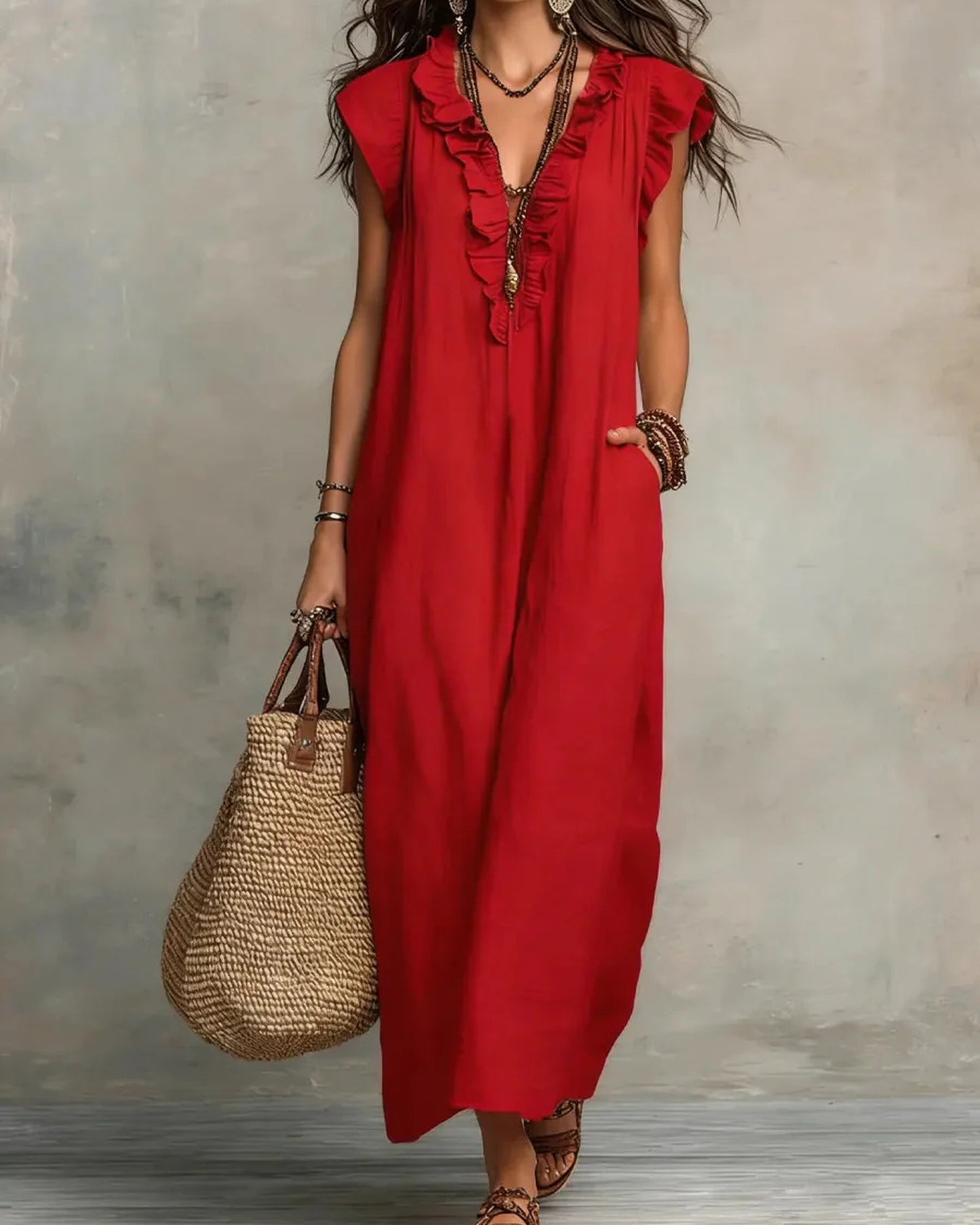 Lucette Dames Maxi Jurk | V-Hals | Ruches Detail