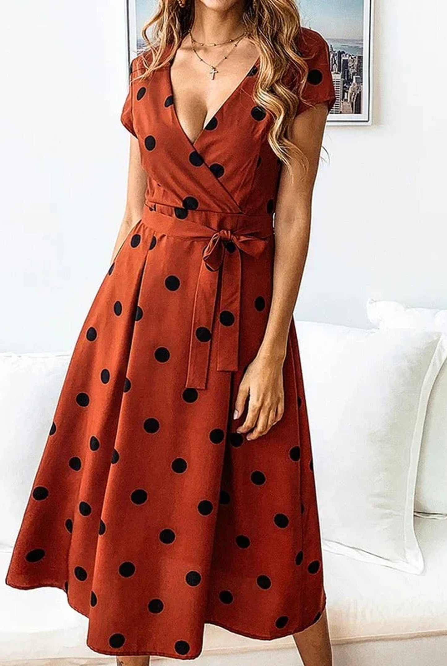 Fernandine Dames Midi Jurk | V-Hals | Polkadot