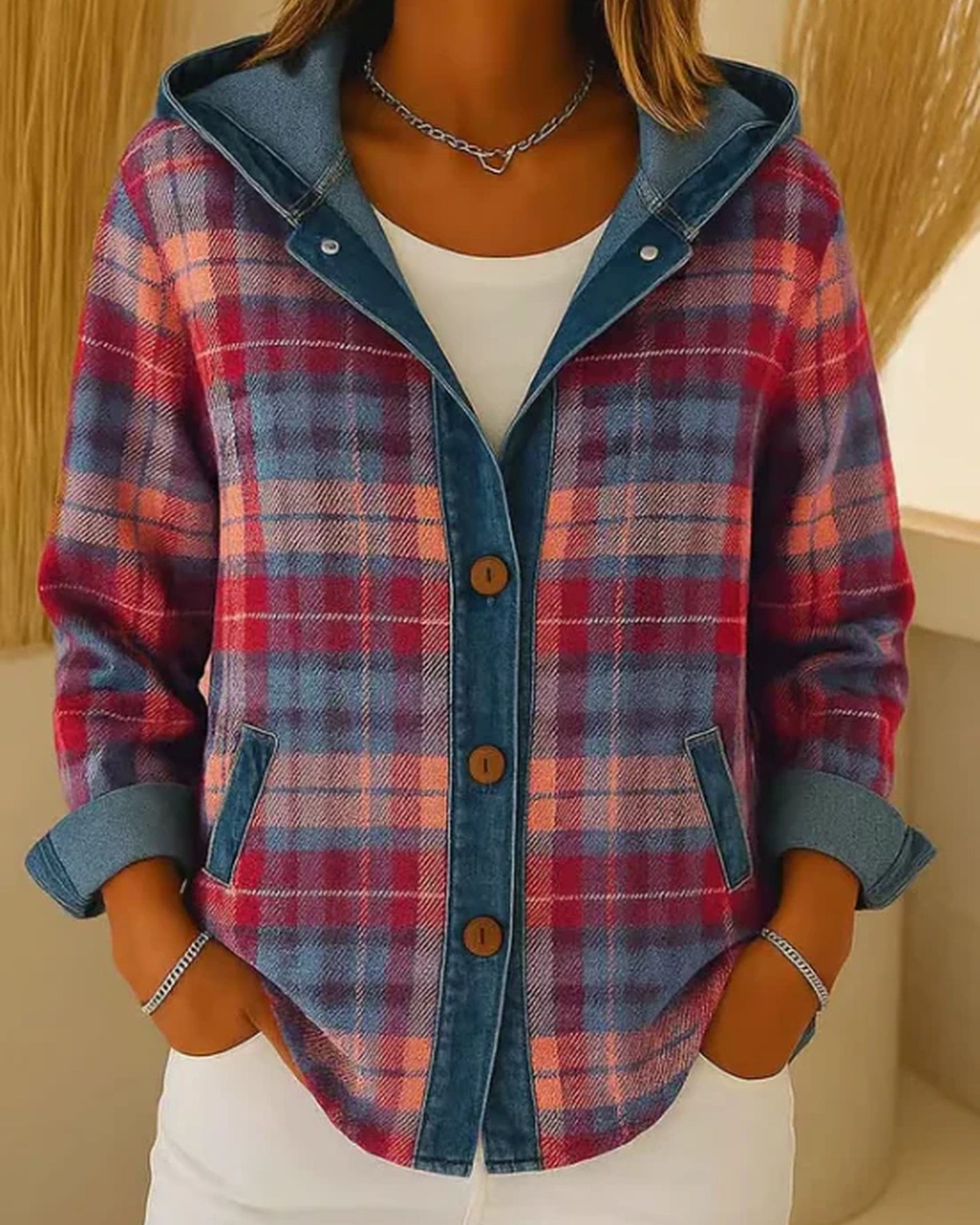 Eunice Damejakke | Denim Hætte | Ternet Print Knapper