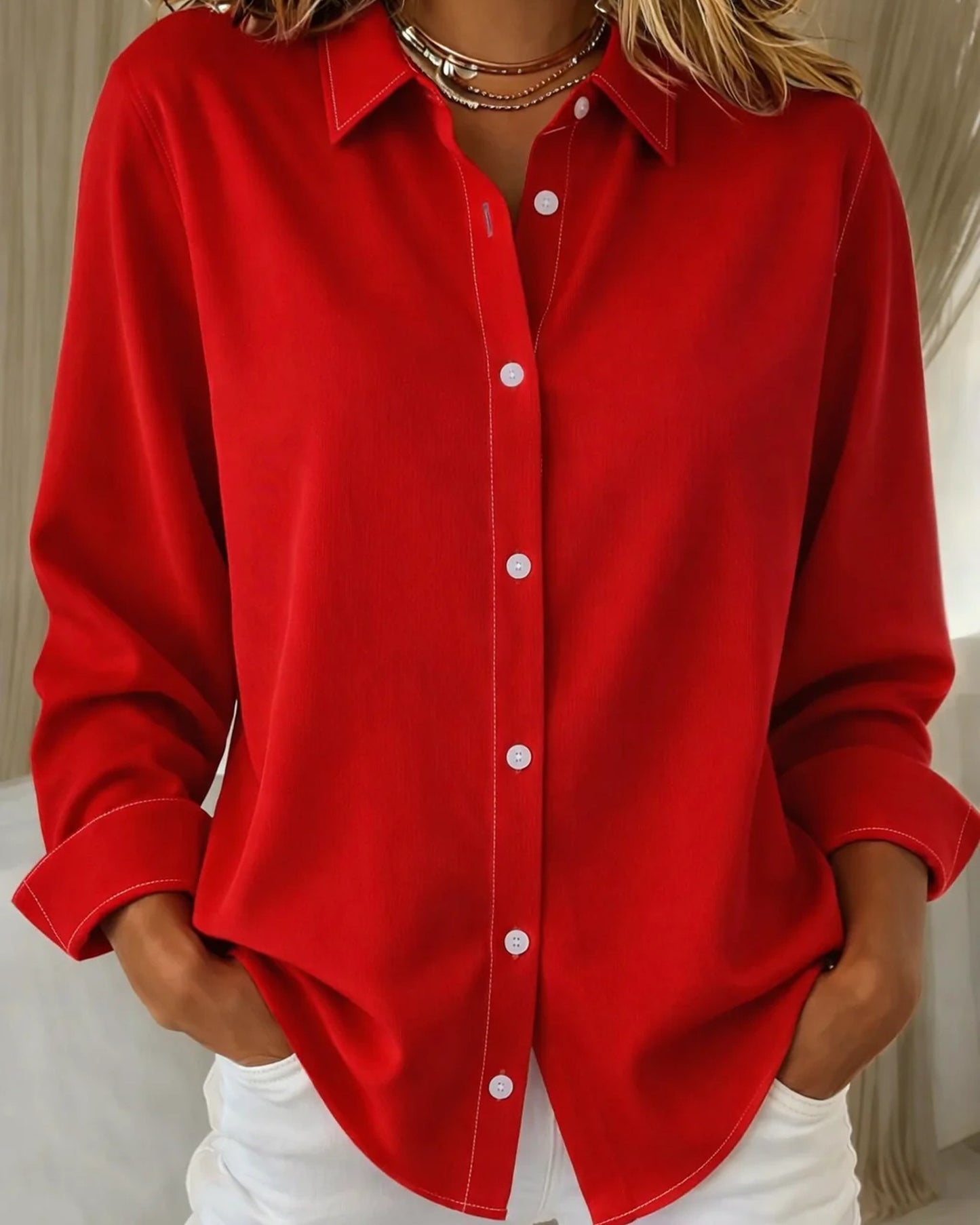 Clarise DamesBlouse | Kraag en Knoopsluiting | Losvallend | Lange Mouwen