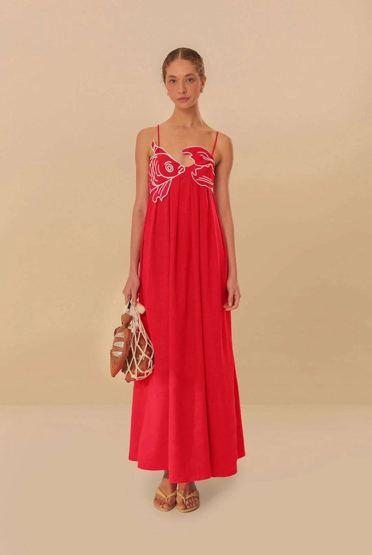 Michèle Ladies Maxi Dress | Koi Fish Embroidery | Contrast Piping