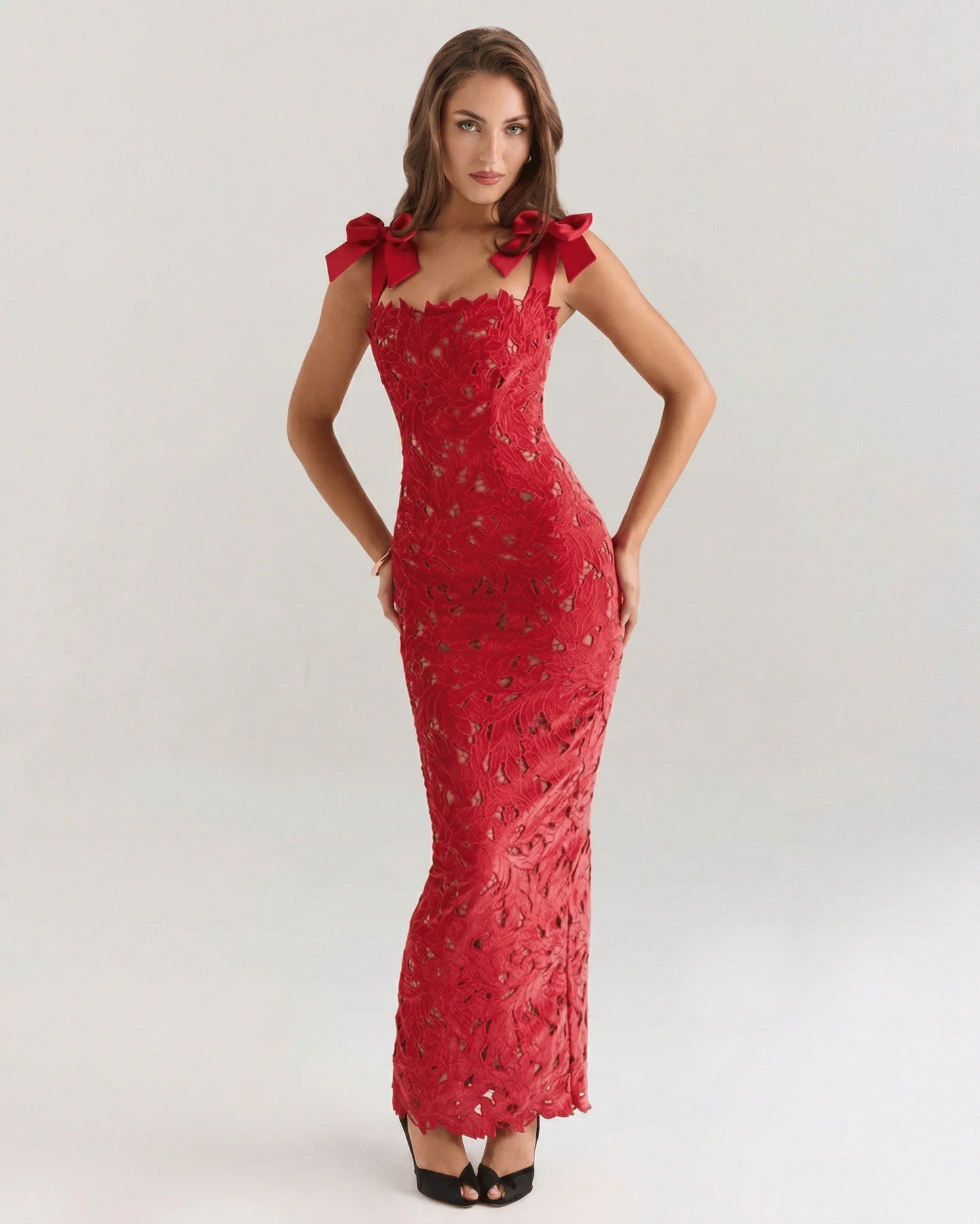 Maxime Dames Maxi Jurk | Kanten Overlay | Strikken Op Schouders