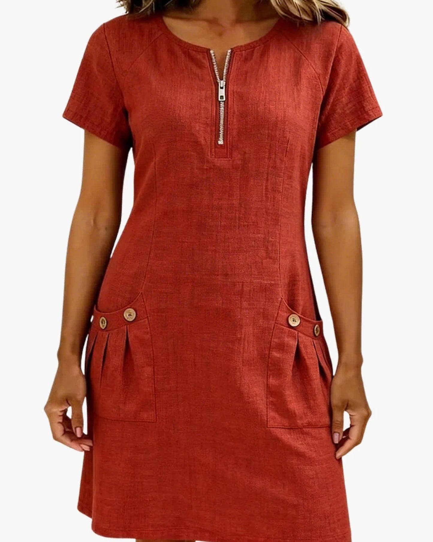 Candida Dames Midi Jurk | Voorzakken | Korte Mouwen