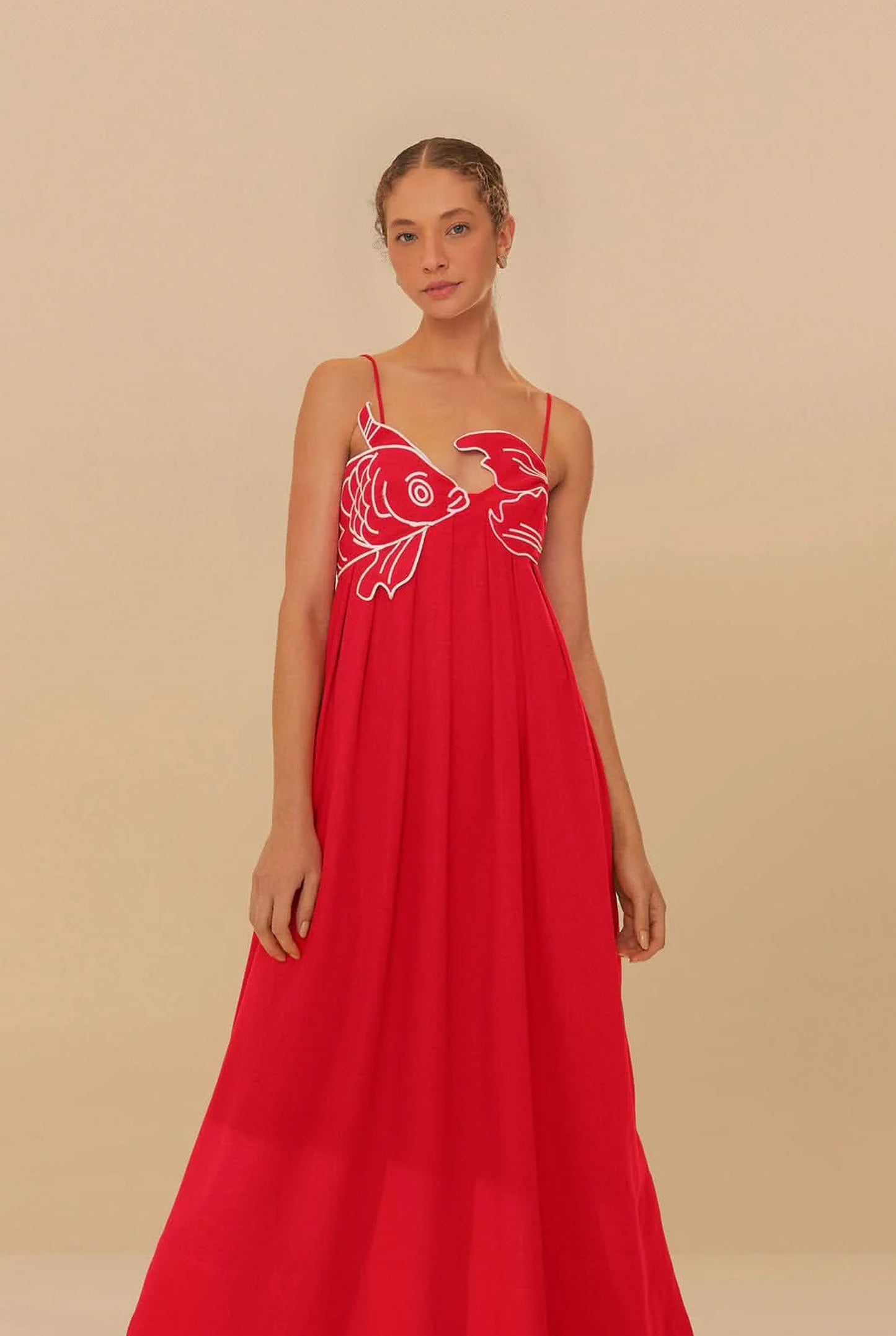 Michèle Ladies Maxi Dress | Koi Fish Embroidery | Contrast Piping