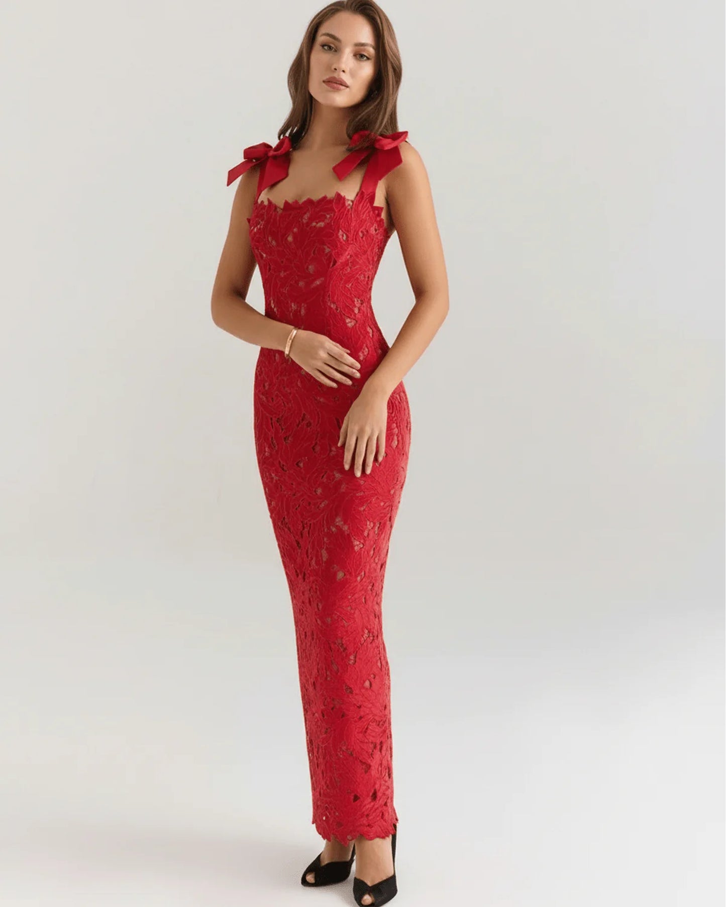 Maxime Dames Maxi Jurk | Kanten Overlay | Strikken Op Schouders