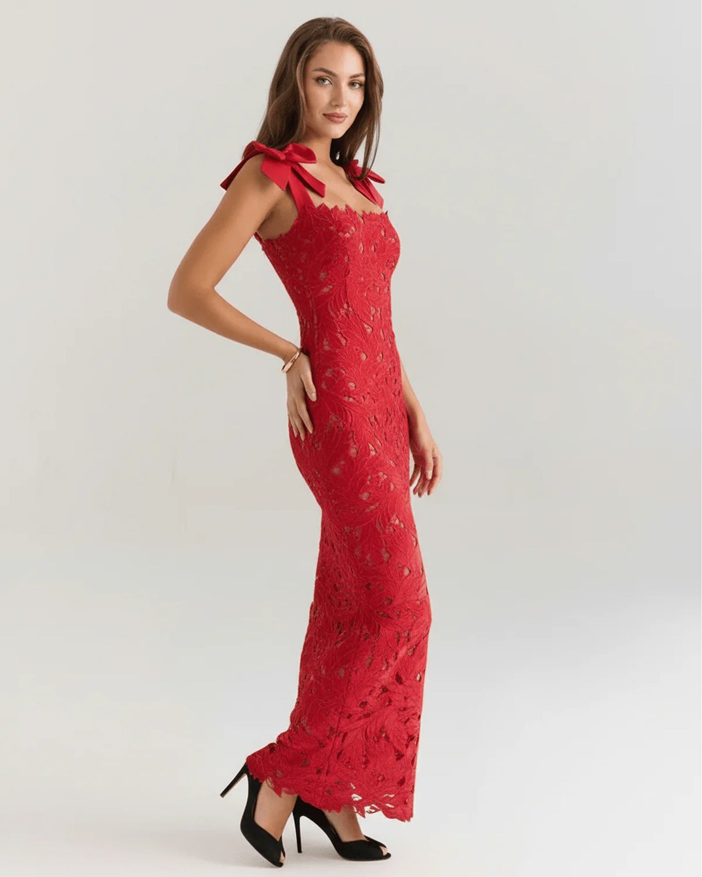 Maxime Dames Maxi Jurk | Kanten Overlay | Strikken Op Schouders