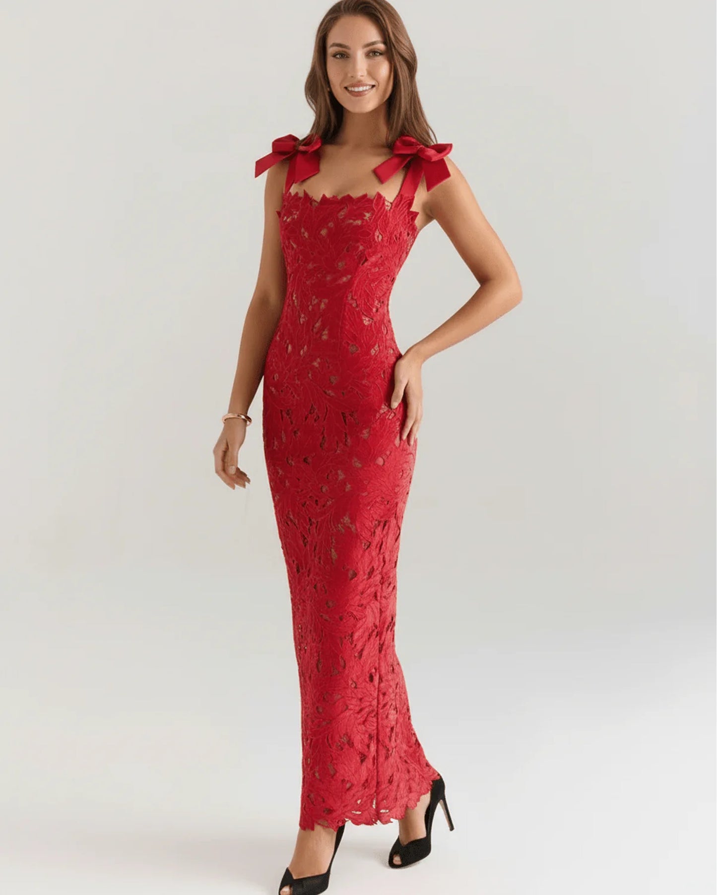 Maxime Dames Maxi Jurk | Kanten Overlay | Strikken Op Schouders