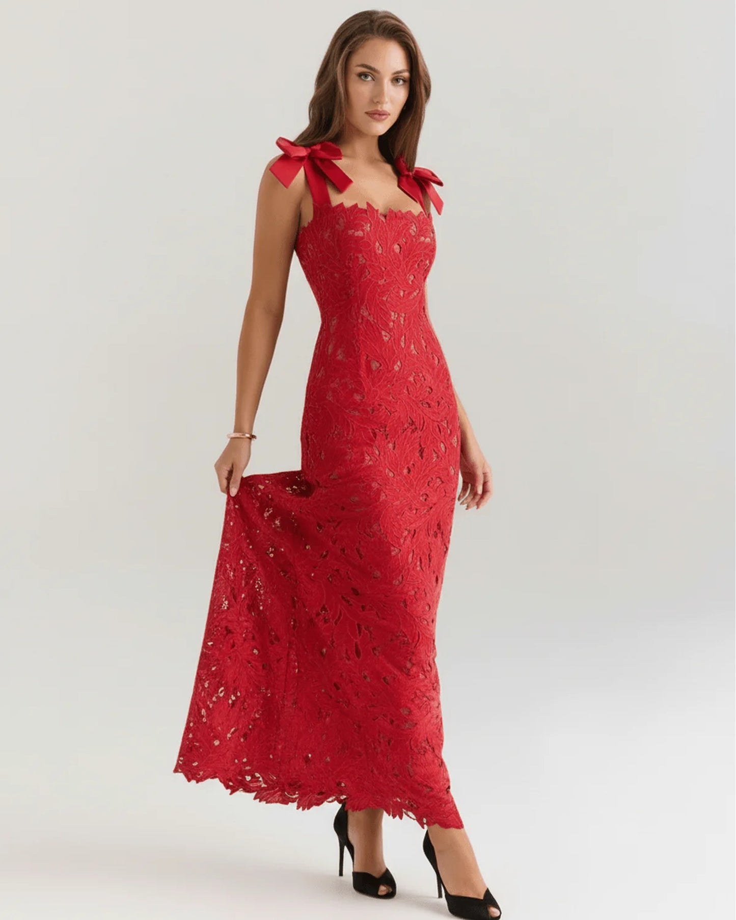 Maxime Dames Maxi Jurk | Kanten Overlay | Strikken Op Schouders