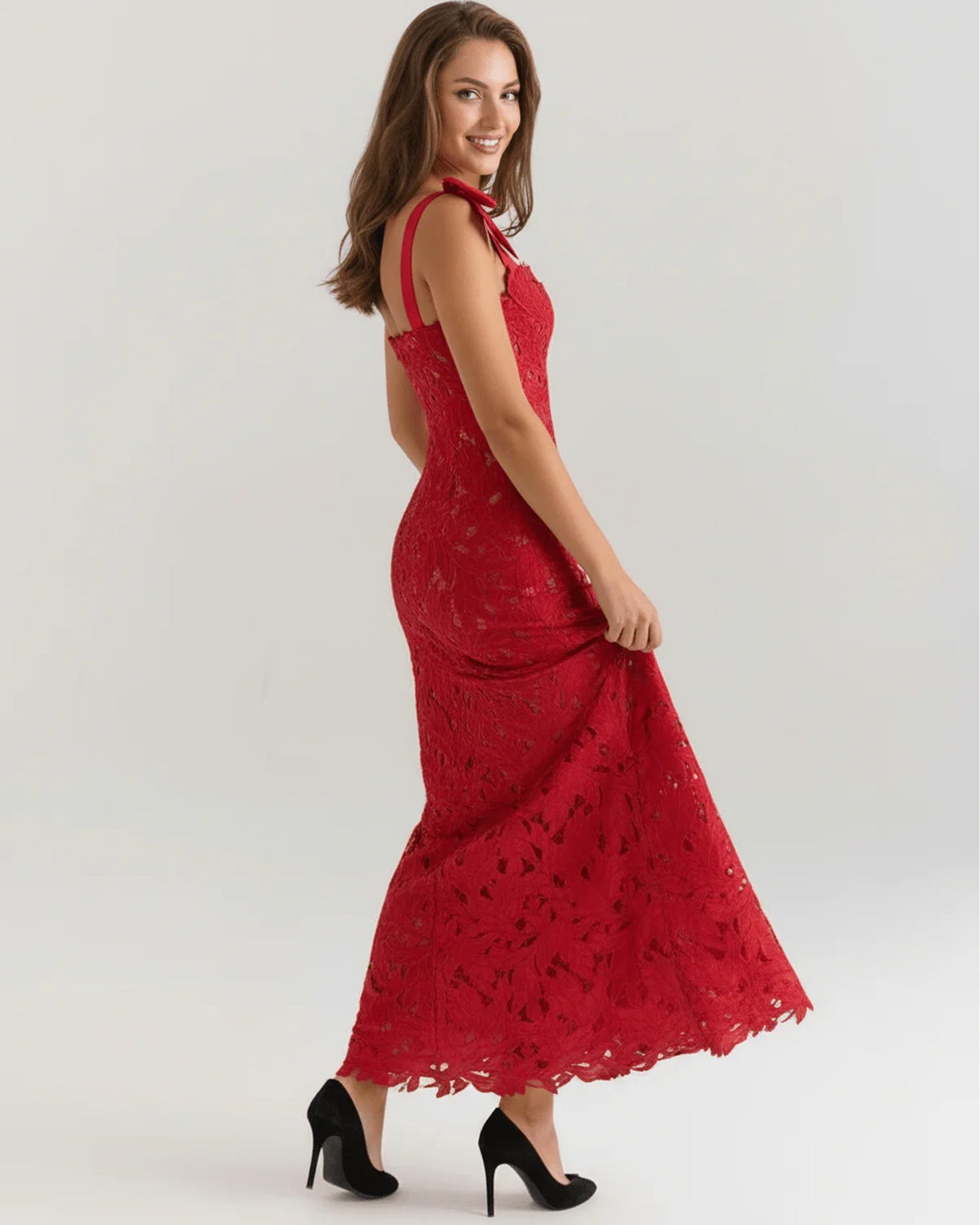 Maxime Dames Maxi Jurk | Kanten Overlay | Strikken Op Schouders