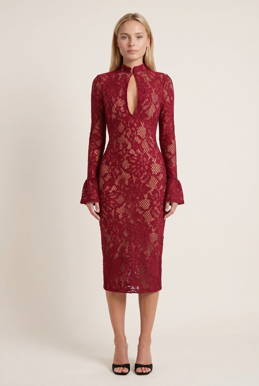 Eloïse Women's Midi Dress | Lace Bodycon | Keyhole Neckline & Flared Sleeves