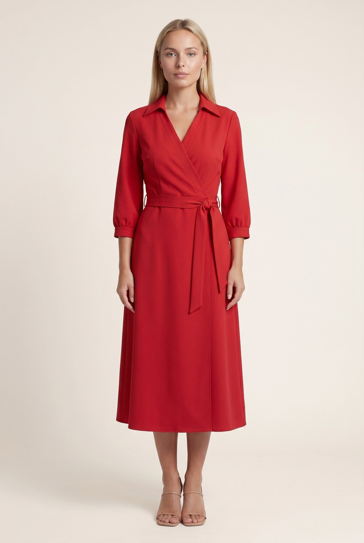 Patricia Dames Midi Jurk | Strikceintuur | Lange Mouwen