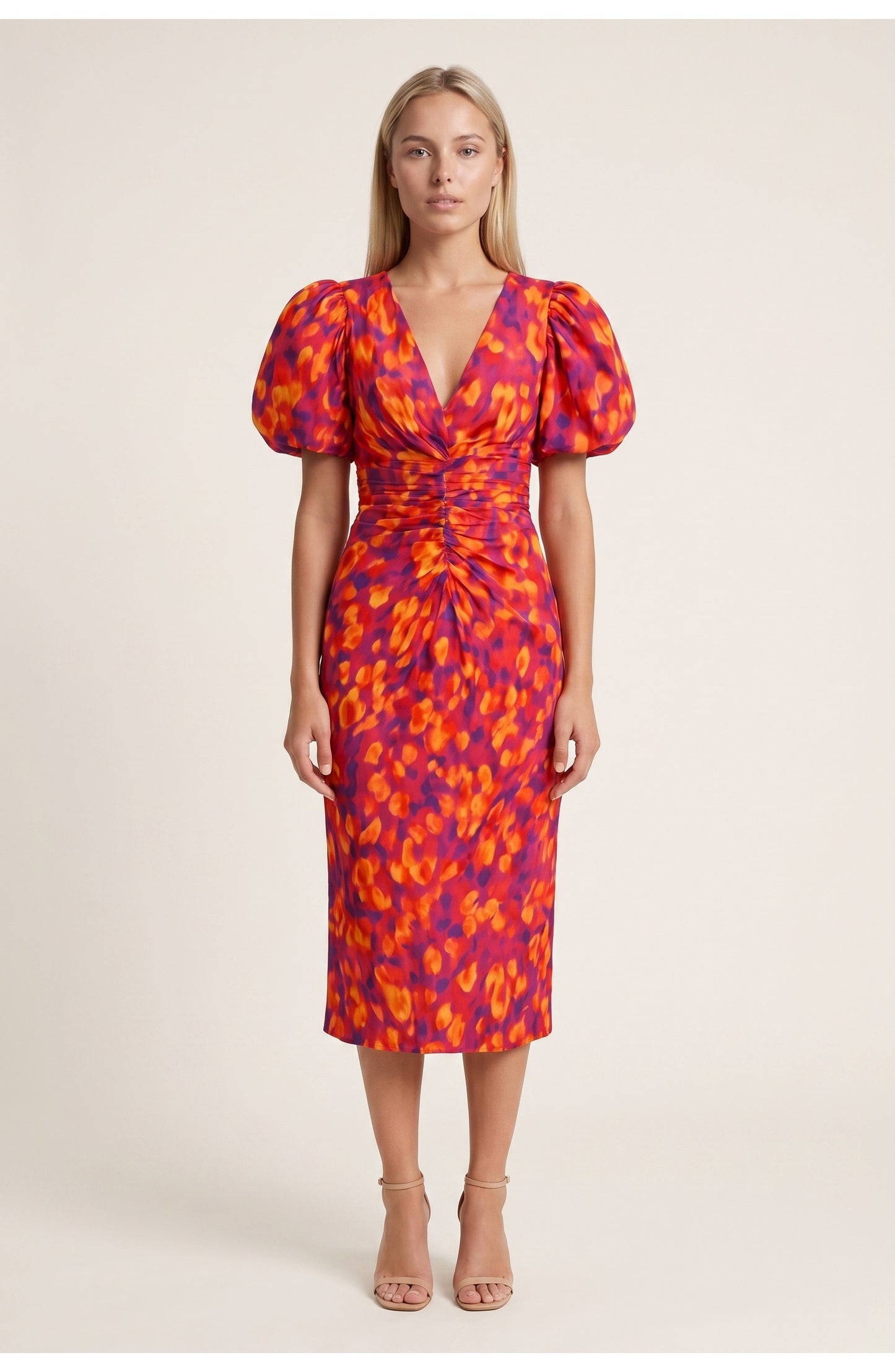 Ariane Dames Midi Jurk | Pofmouwen | Bloemenprint