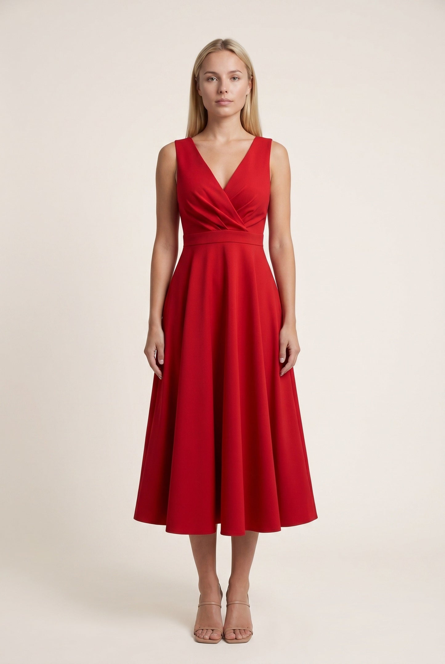 Olive Dames Midi Jurk | Overslag V-Hals | Uitlopende A-Lijn Rok