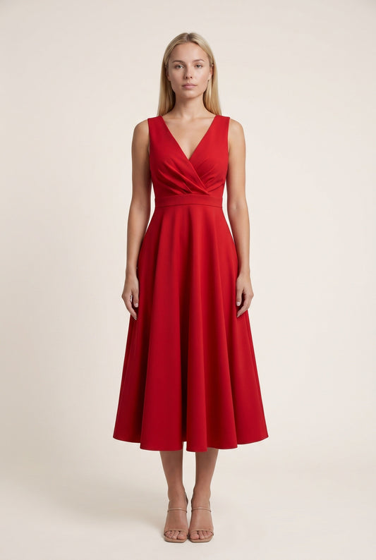 Olive Dames Midi Jurk | Overslag V-Hals | Uitlopende A-Lijn Rok