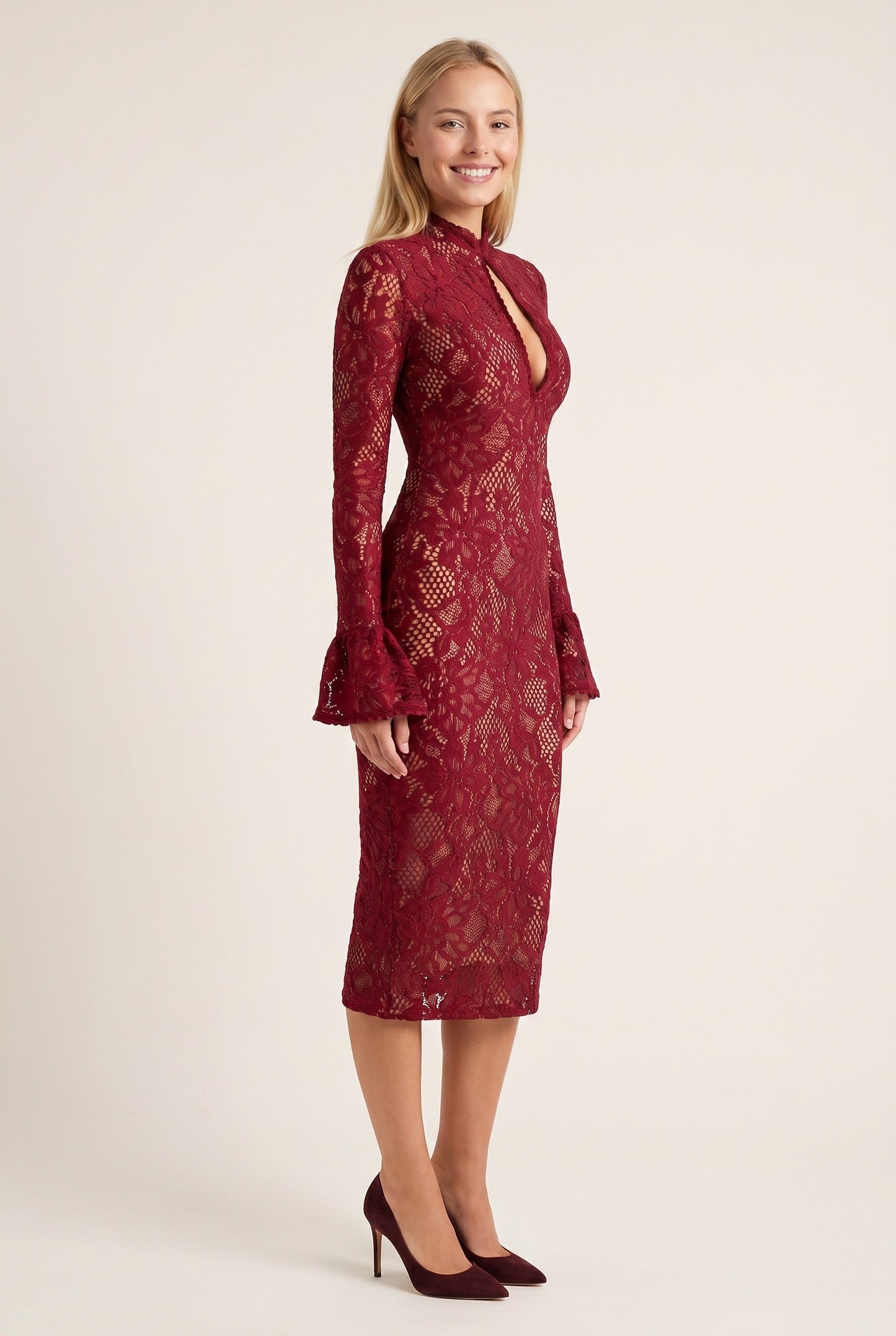 Eloïse Women's Midi Dress | Lace Bodycon | Keyhole Neckline & Flared Sleeves