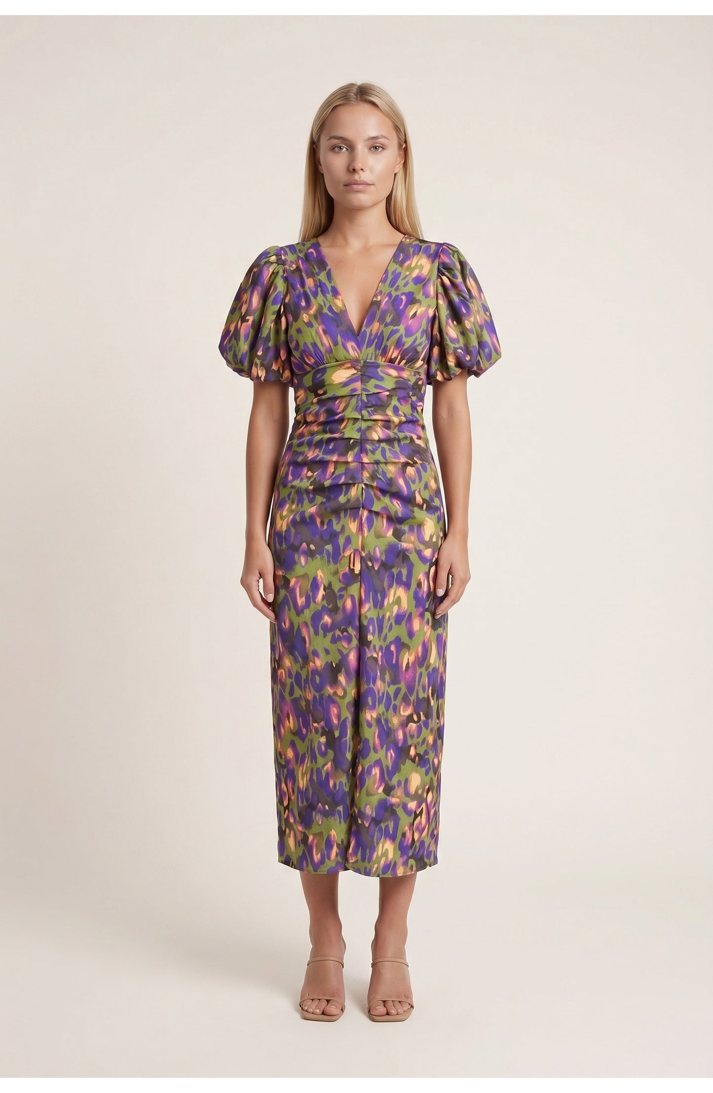 Ariane Dames Midi Jurk | Pofmouwen | Bloemenprint