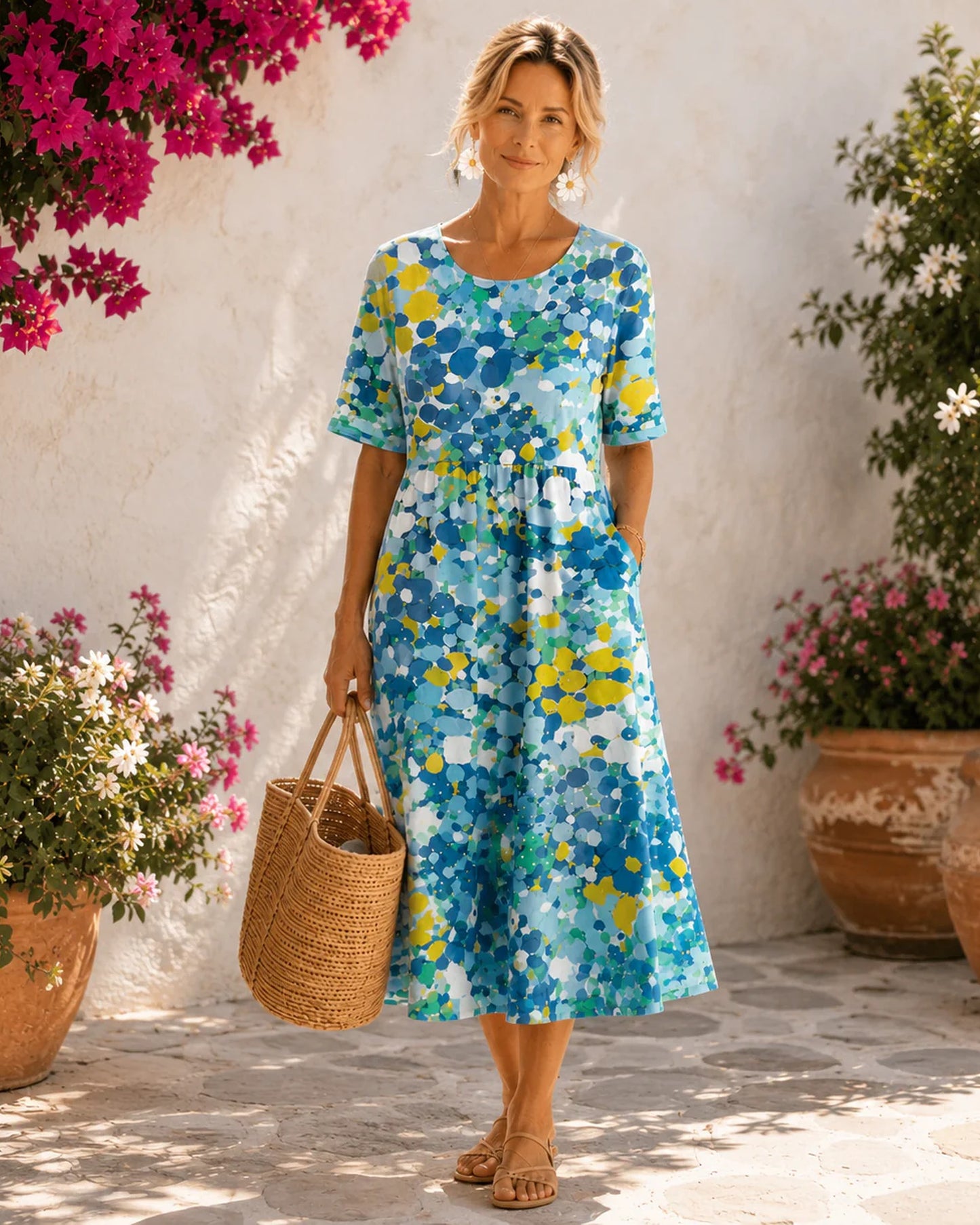 Capucine-Florette Dames Midi Jurk | Polkadot | Korte Mouwen