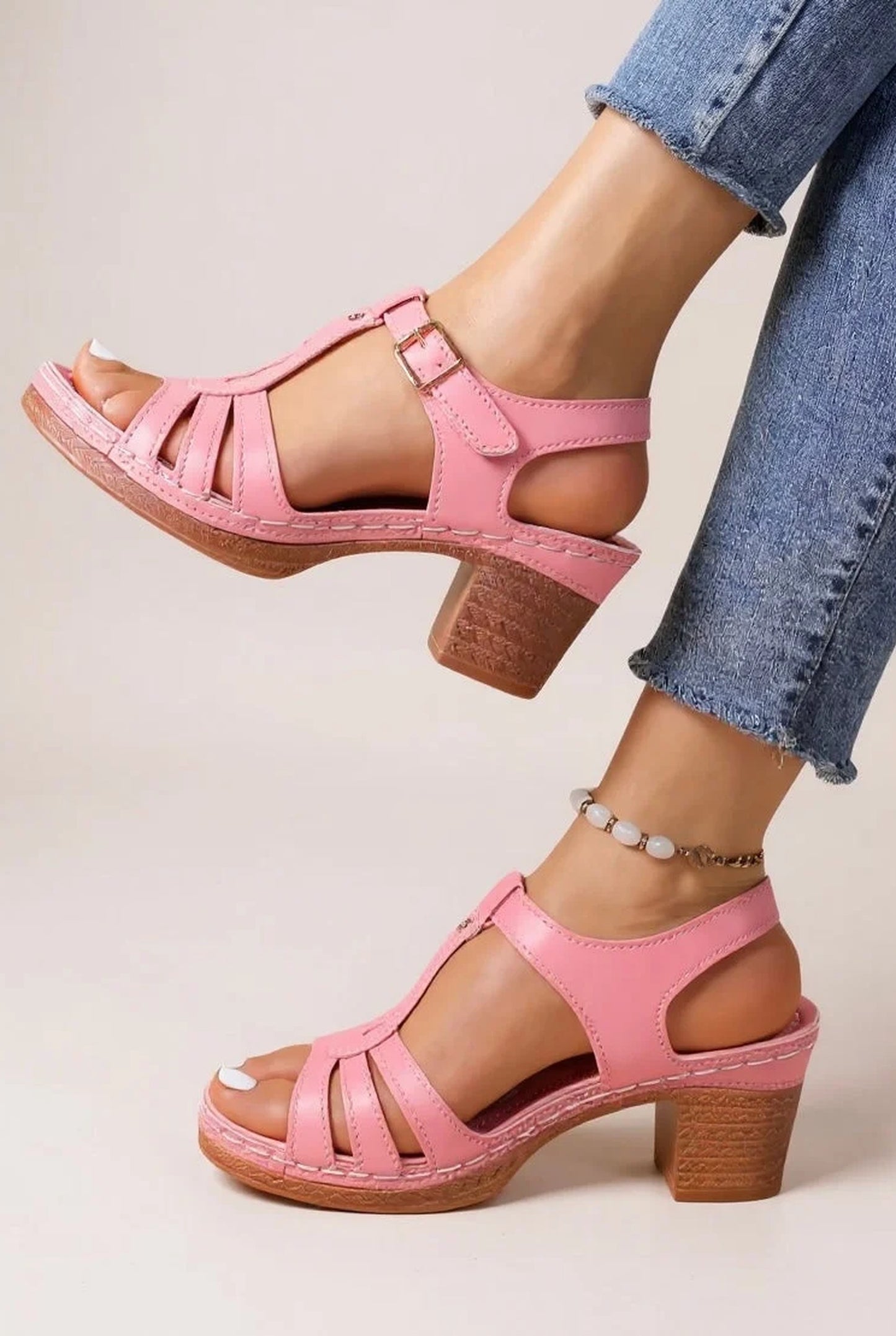 Carmen Dames Sandalen | Geplooide Details | Houten Blokkhak