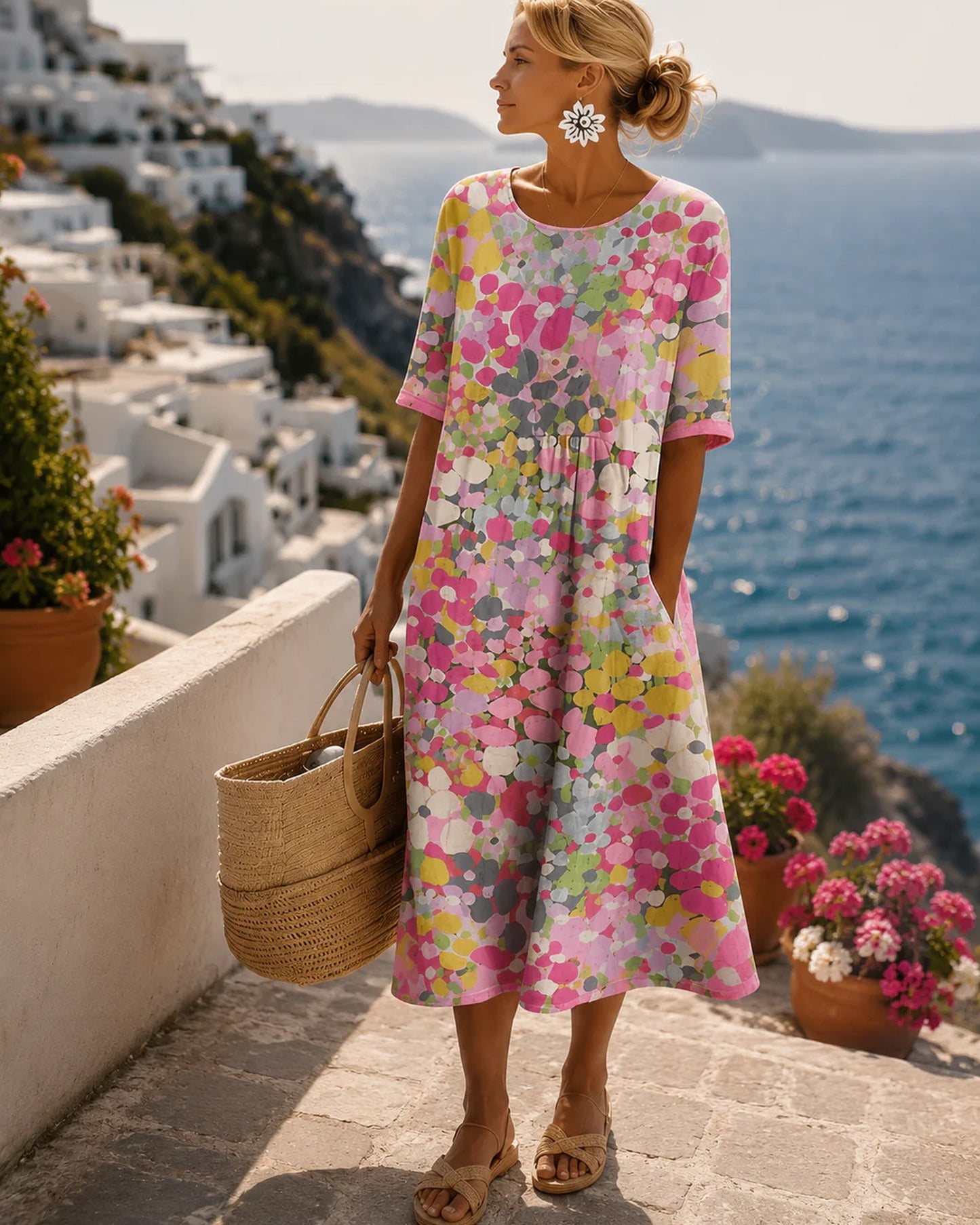 Pulchérie Dames Midi Jurk | Bloemenprint | Korte Mouwen