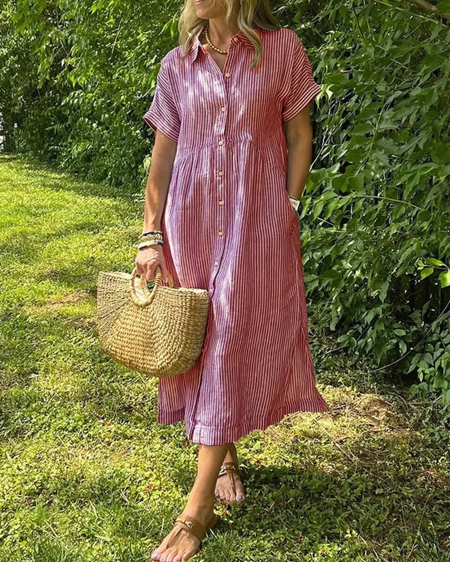 Annemie Dames Maxi Jurk | Streep & Knoopsluiting | Korte Mouwen
