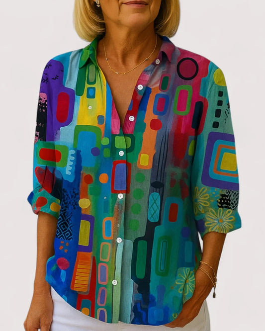 Adriana Dames Blouse | Geometrische Patchwork Print | Oversized Pasvorm