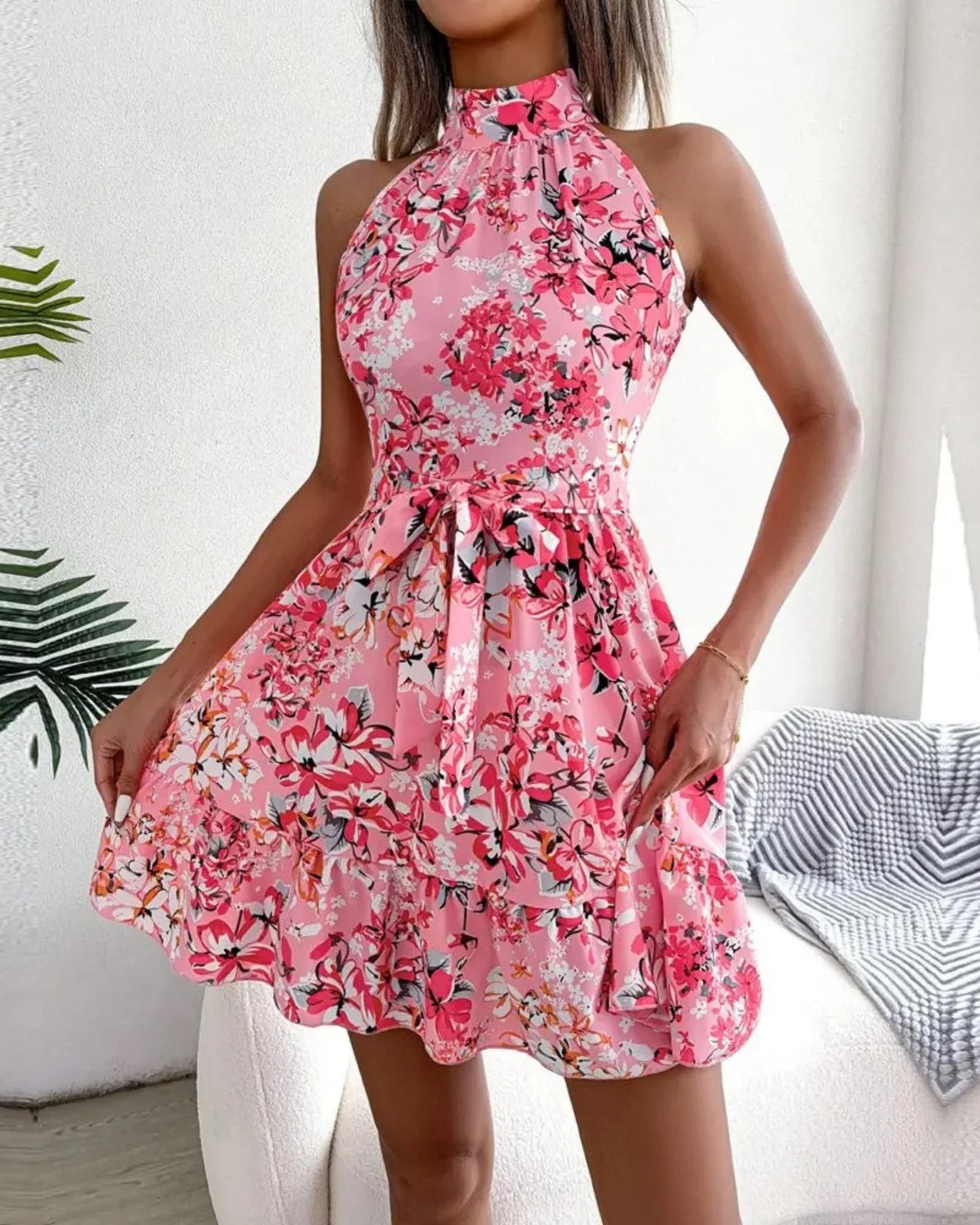 Gillette Women's Mini Dress | Halter-neck Floral-print | Bow Waistband