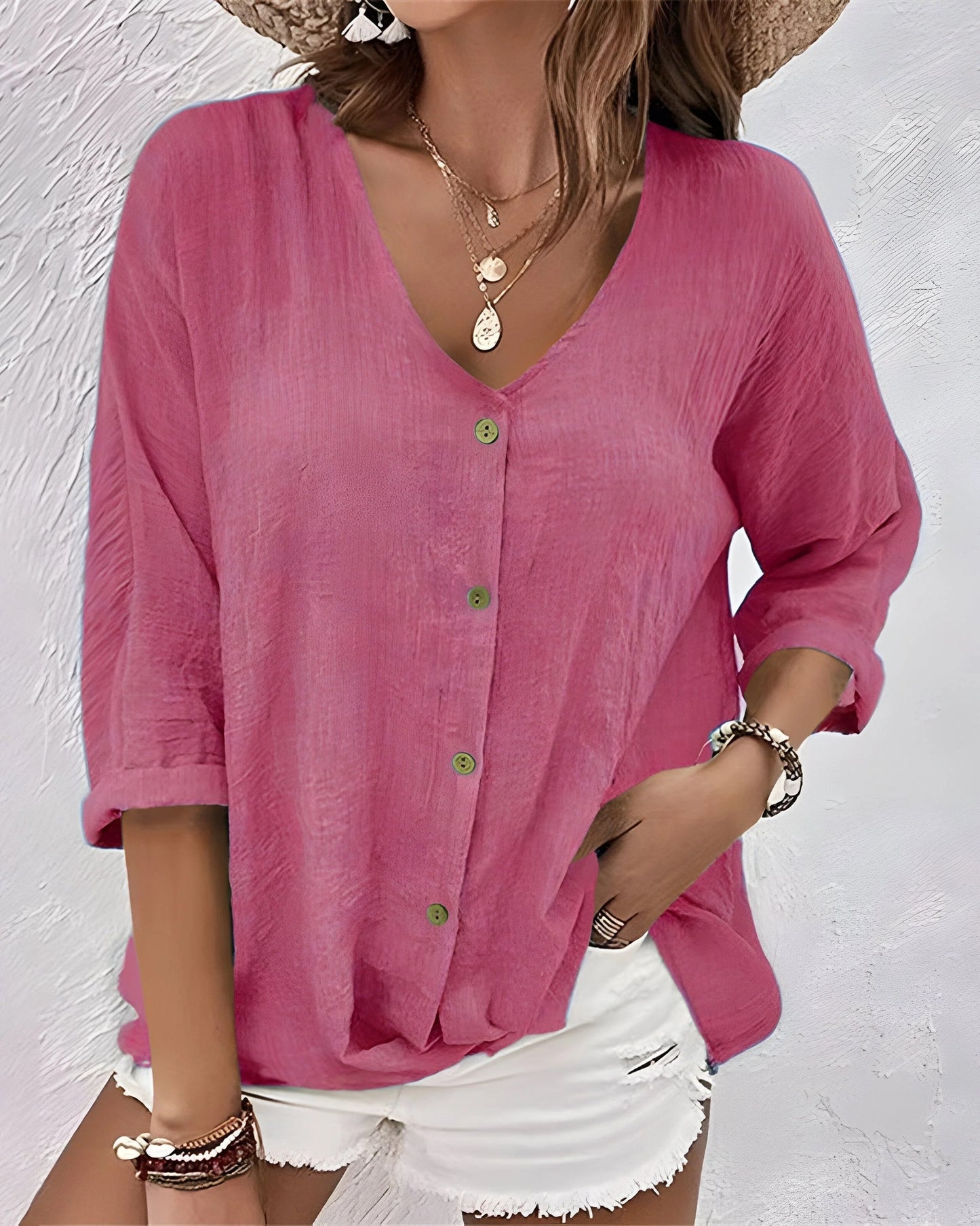 Anicette Ladies Top | Linen Look V-Neck | Button-fastening & 3/4 Sleeves
