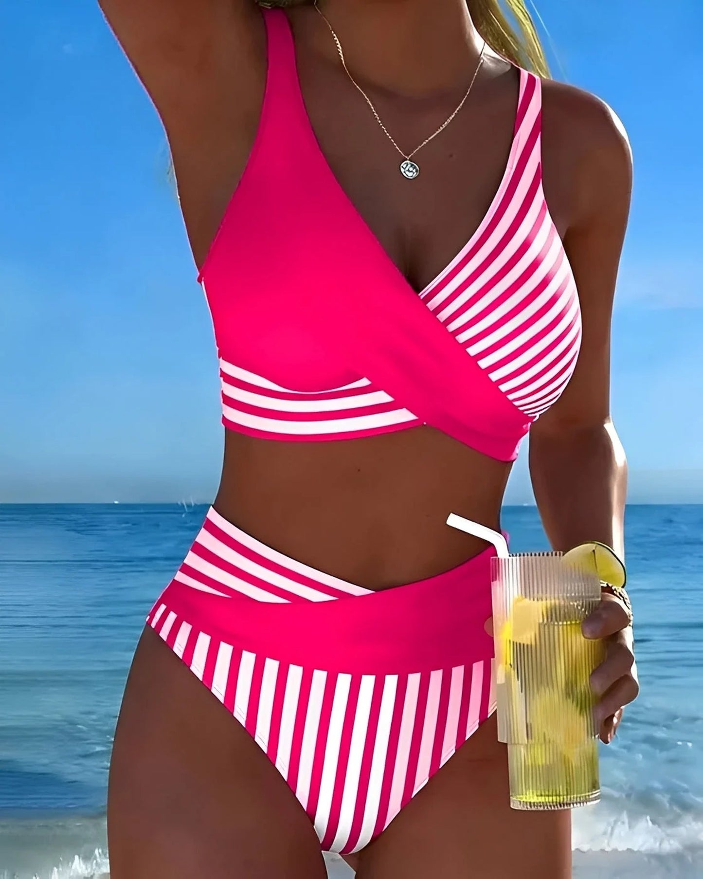Carlotta Dames Badkleding | Gestreepte Banden | Wikkelvoorkant