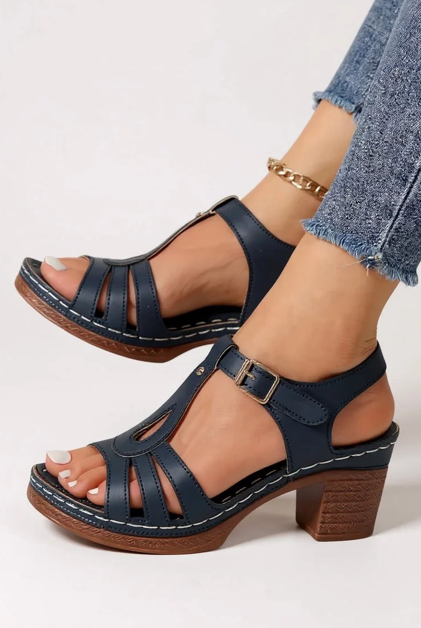 Carmen Dames Sandalen | Geplooide Details | Houten Blokkhak