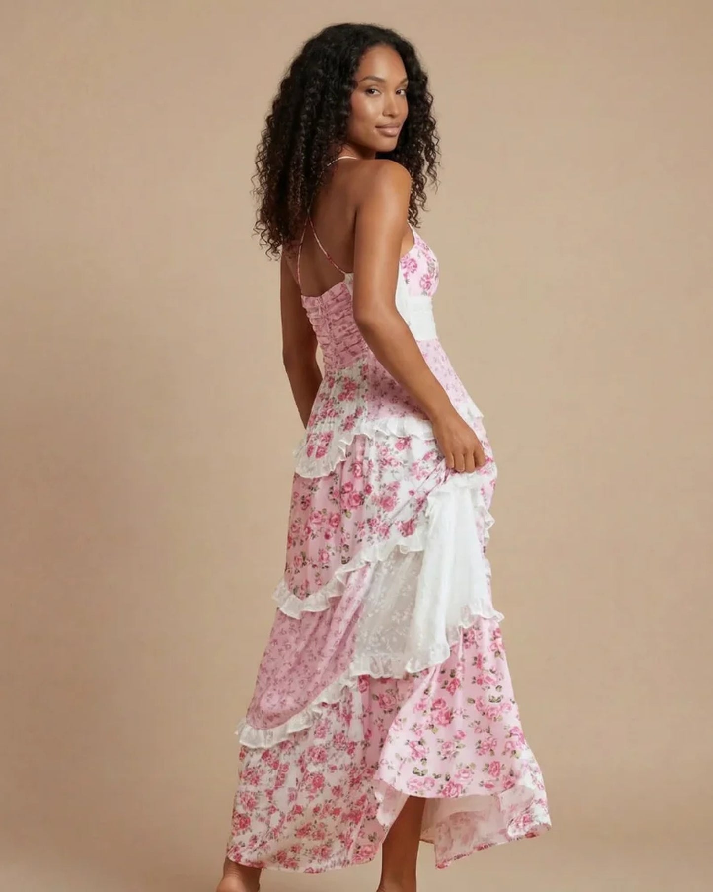 Maryline Dames Maxi Jurk | Gelaagde Ruches | Open Rug