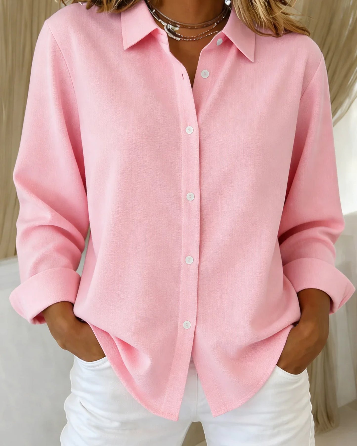 Clarise DamesBlouse | Kraag en Knoopsluiting | Losvallend | Lange Mouwen