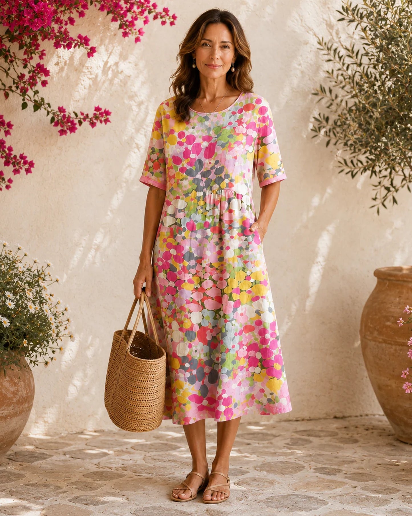 Capucine-Florette Dames Midi Jurk | Polkadot | Korte Mouwen