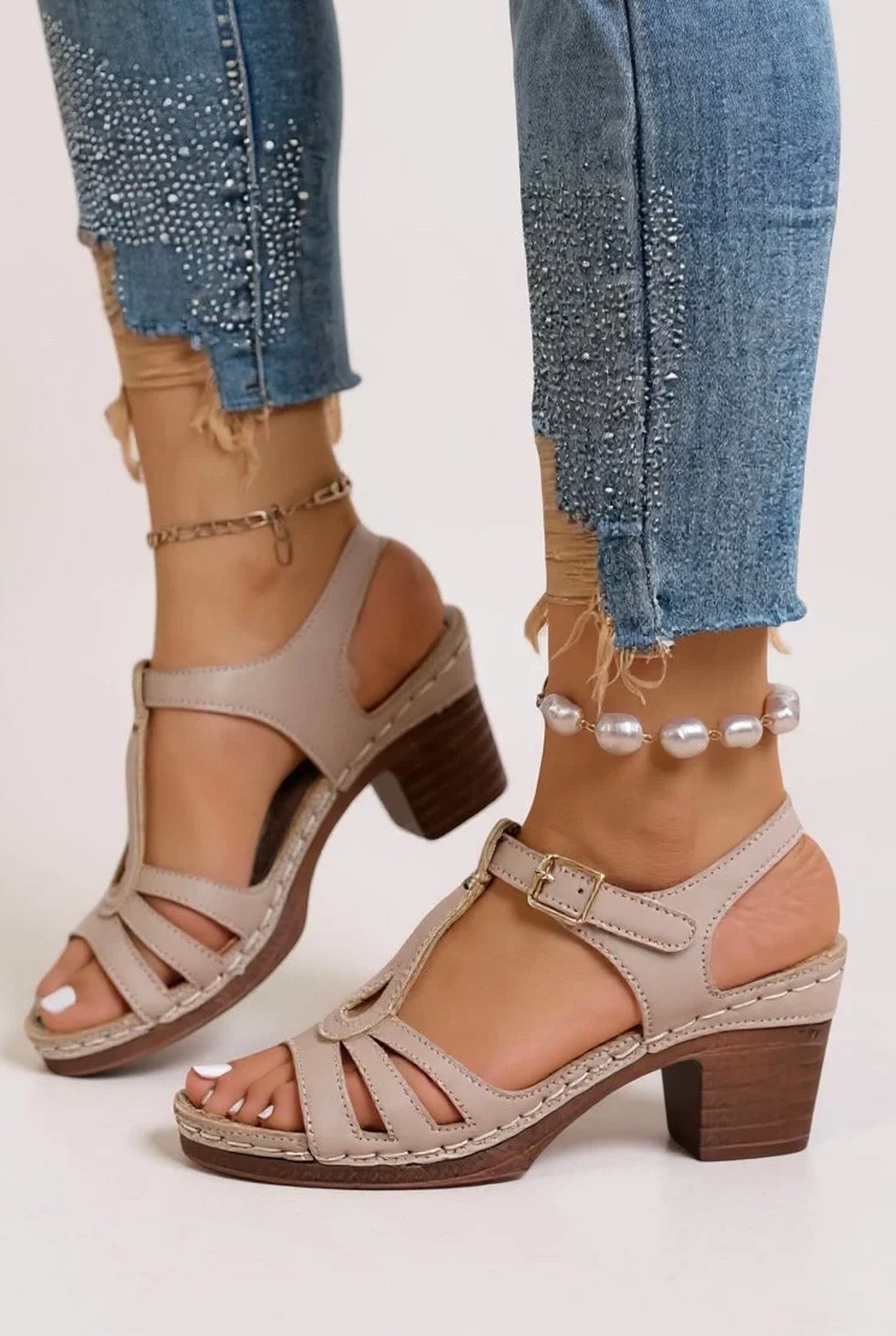 Carmen Dames Sandalen | Geplooide Details | Houten Blokkhak