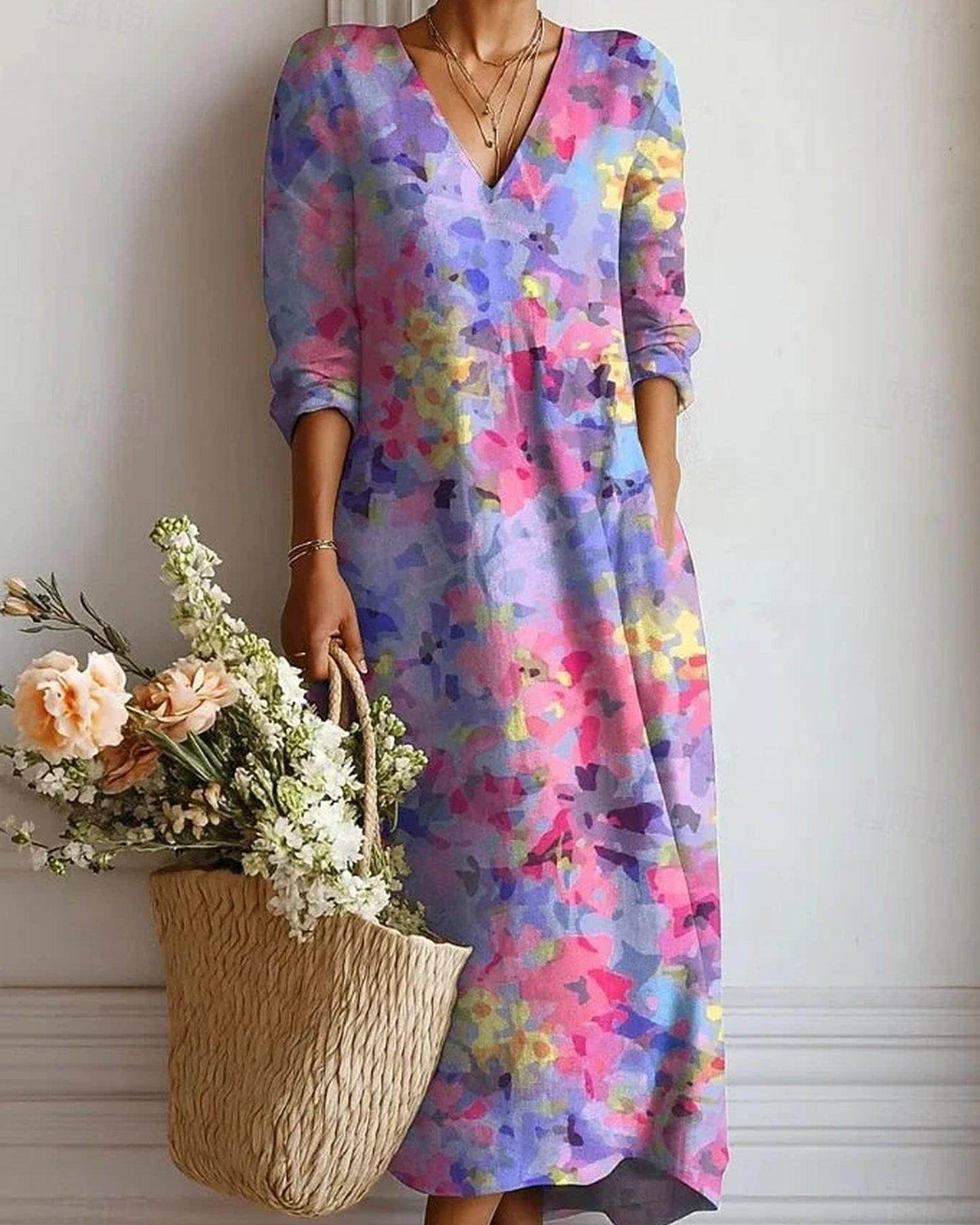 Adolphine Dame Midi Kjole | Blomsterprint | V-Hals med Knapper
