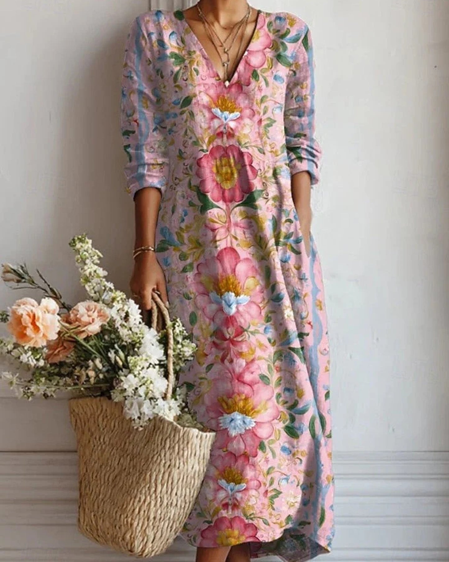Aleth Dames Midi Kjole | V-Hals | Blomsterprint