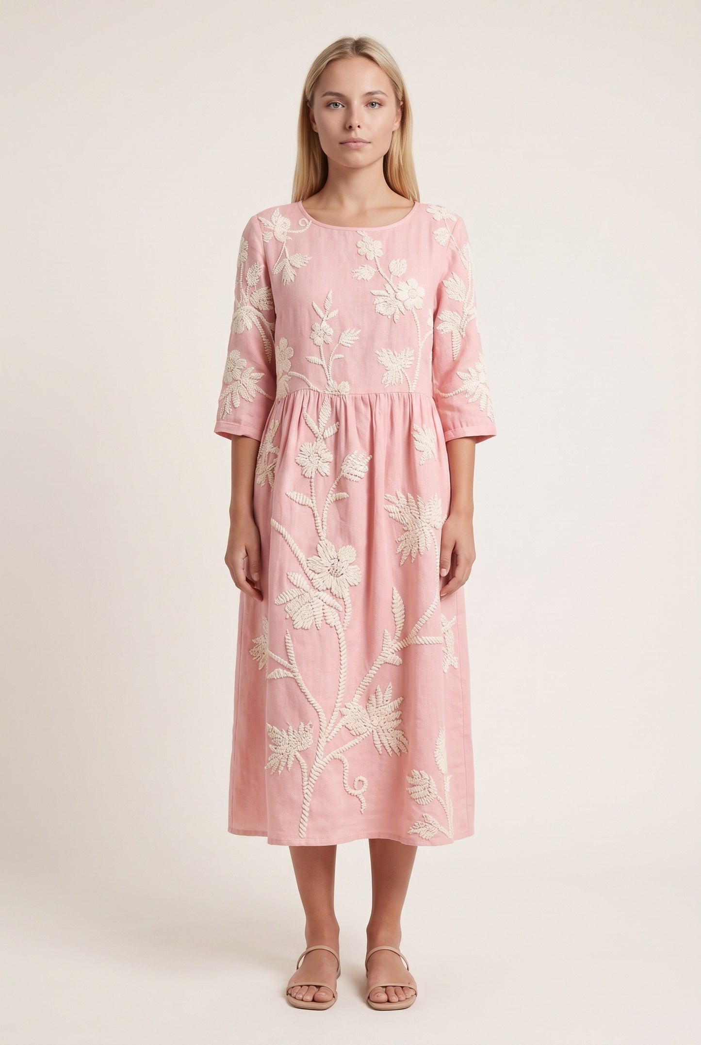 Morgane Dames Midi Jurk | Geborduurd Bloemenpatroon | Driekwart Mouwen