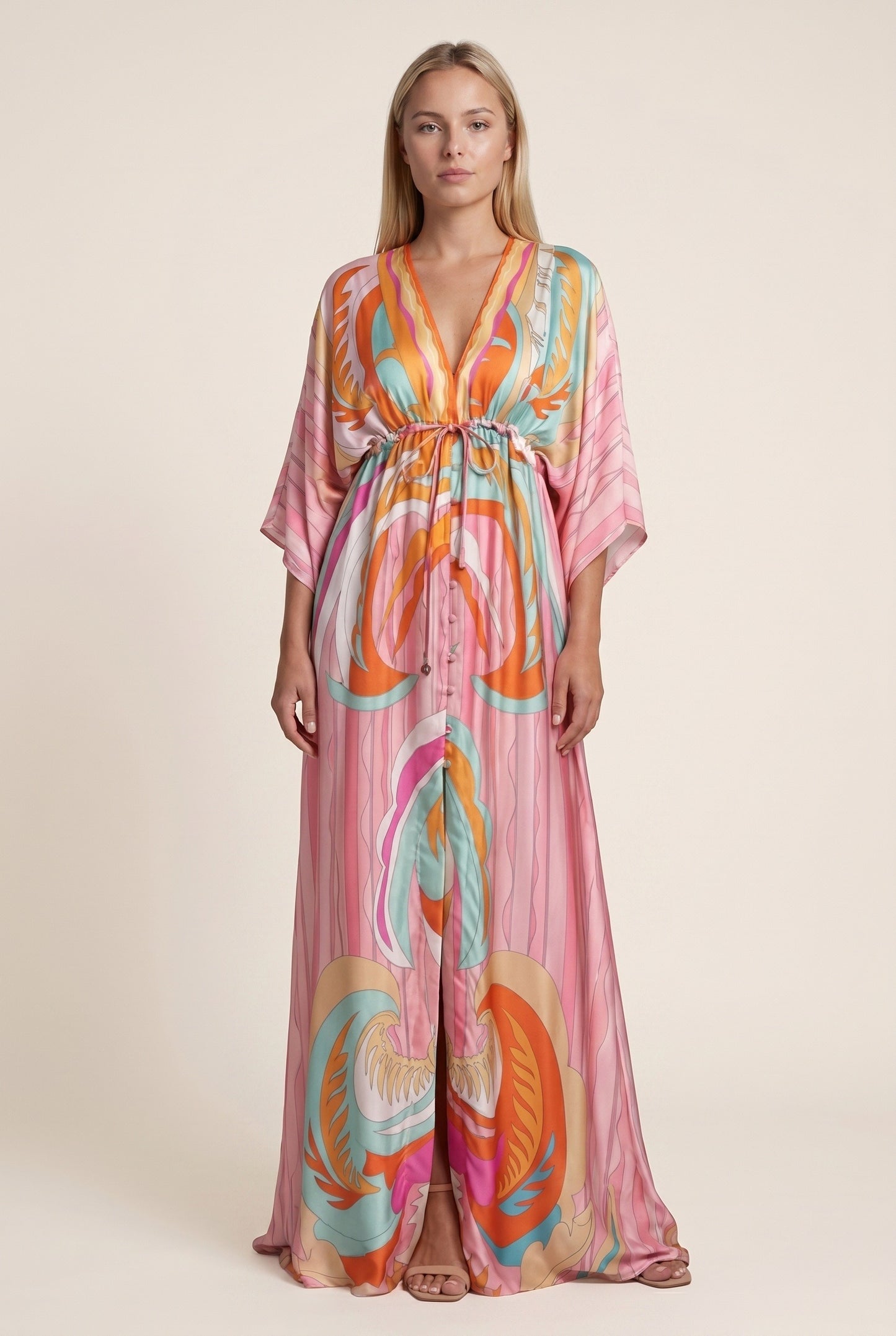 Monique Dames Maxi Jurk | Psychedelische Print | Kimono Mouwen