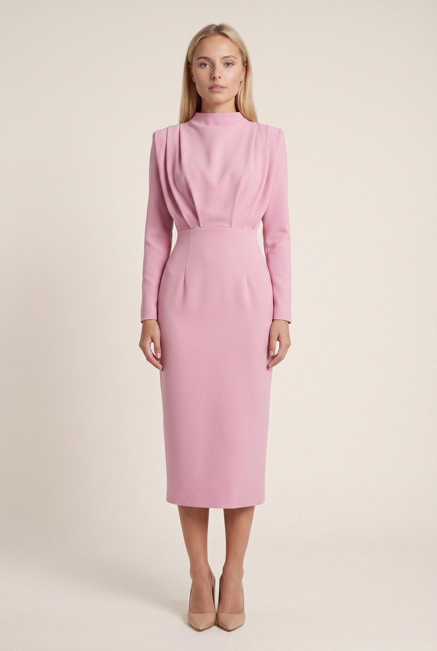 Norma Dames Midi Jurk | Hoge Hals | Gedrapeerd Design