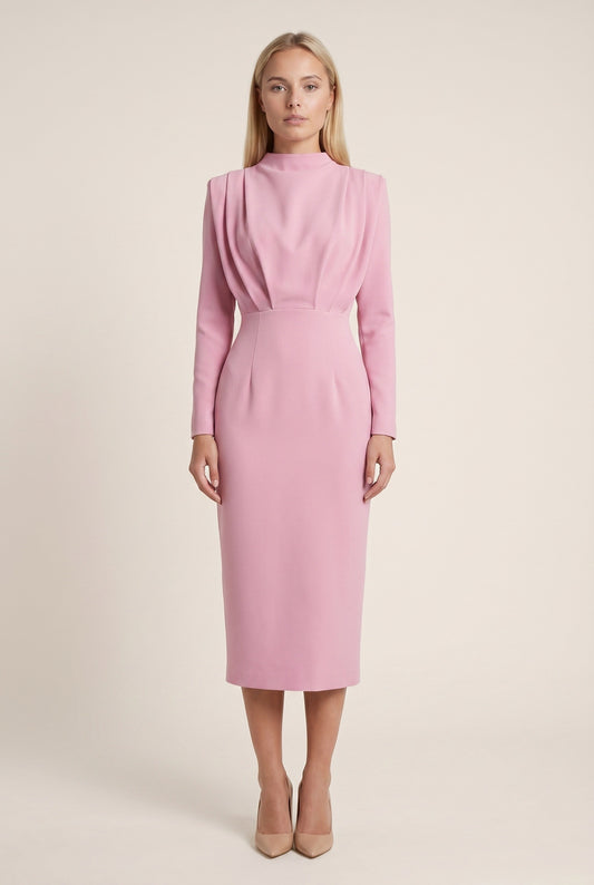 Norma Dames Midi Jurk | Hoge Hals | Gedrapeerd Design