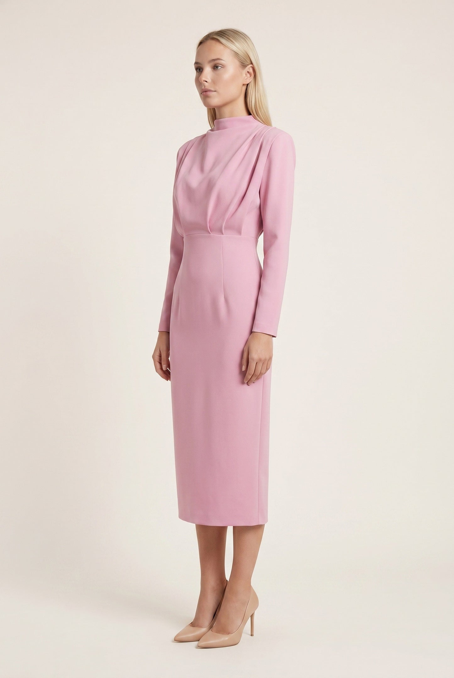 Norma Dames Midi Jurk | Hoge Hals | Gedrapeerd Design