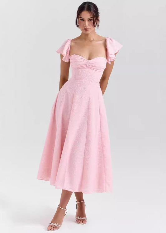 Runa Midi Jurk Dames – Gestructureerde Mouwen met Volant 0