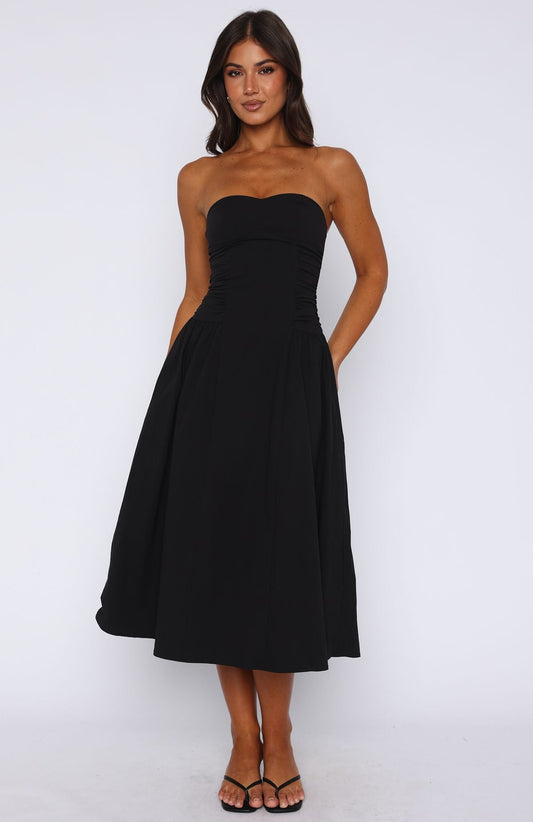 Runa Midi Jurk Dames – Strapless Ontwerp met Rimpelingen en Geplooide Rok 1