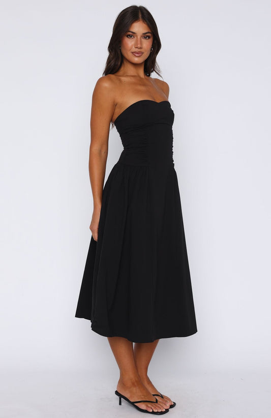 Runa Midi Jurk Dames – Strapless Ontwerp met Rimpelingen en Geplooide Rok 2