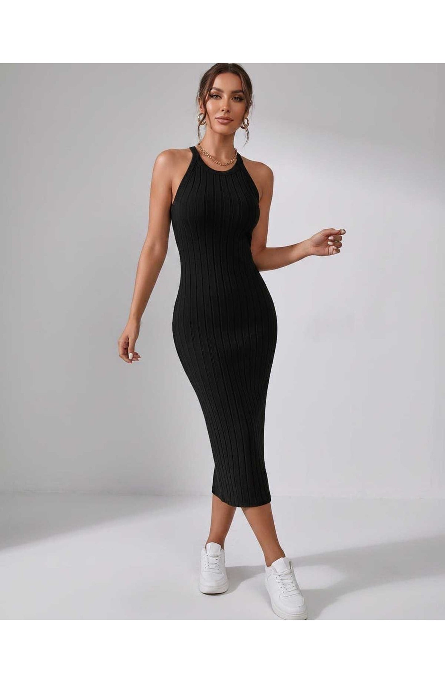 Jordane Dames Midi Jurk | Geribbeld | Mouwloos