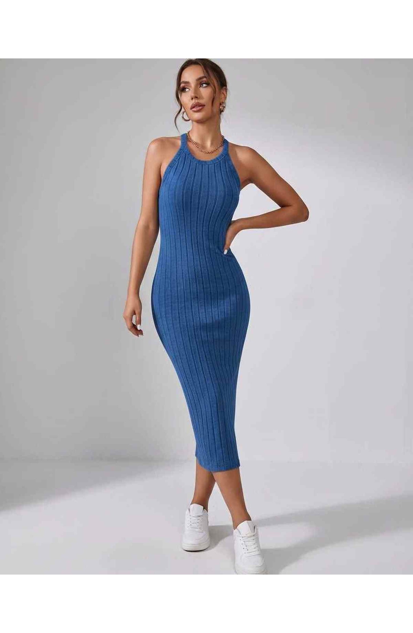 Jordane Dames Midi Jurk | Geribbeld | Mouwloos