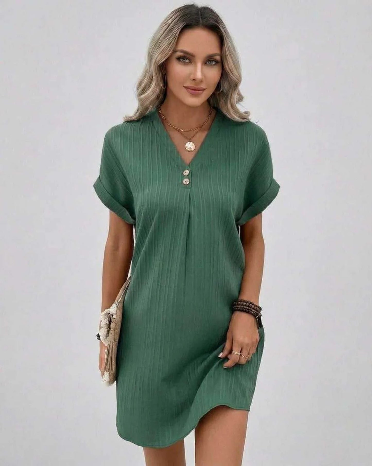 Magalie Women's Mini Dress | V-Neck with Buttons | Short Rolled Sleeves