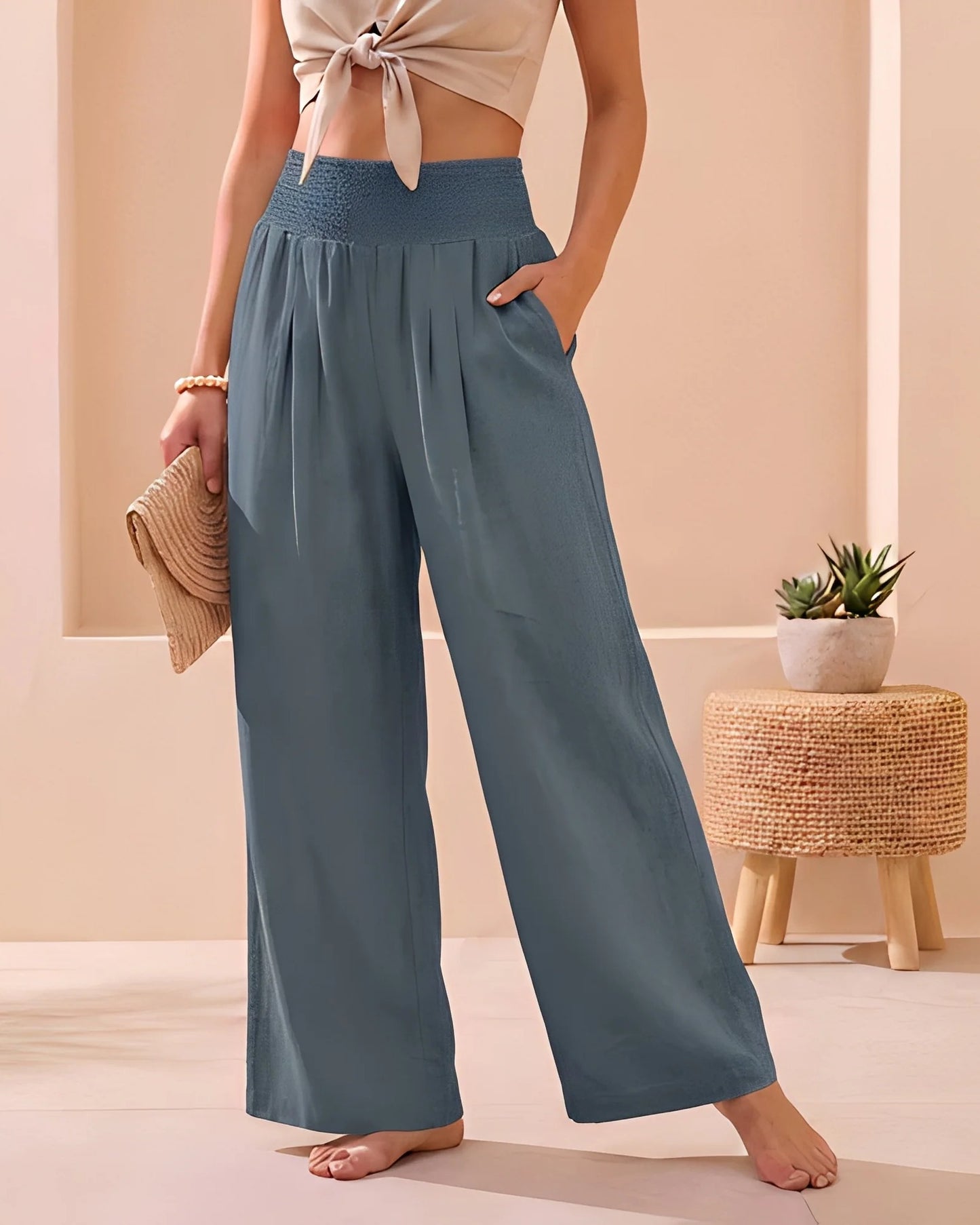Opaline Dames Broek | Gesmockt Taille | Wijde Pijpen