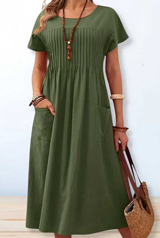 Césarie Dames Midi Jurk | Geplooide Voorkant | Korte Mouwen