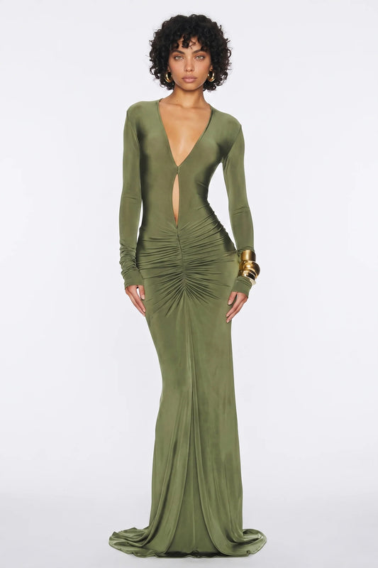 Dames Maxi Jurk | Diepe V-hals | Gerimpelde Taille